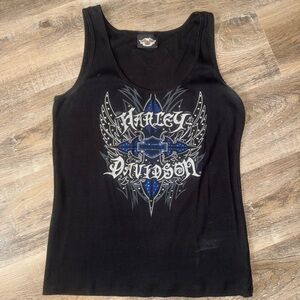 Harley-Davidson Black Tank with Blue and Gray Winged Graphic - Women's